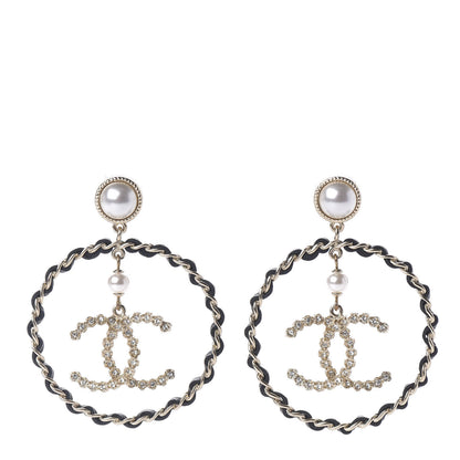 Chanel Lambskin Crystal Pearl CC Chain Hoop Earrings Gold Black 1 of 5