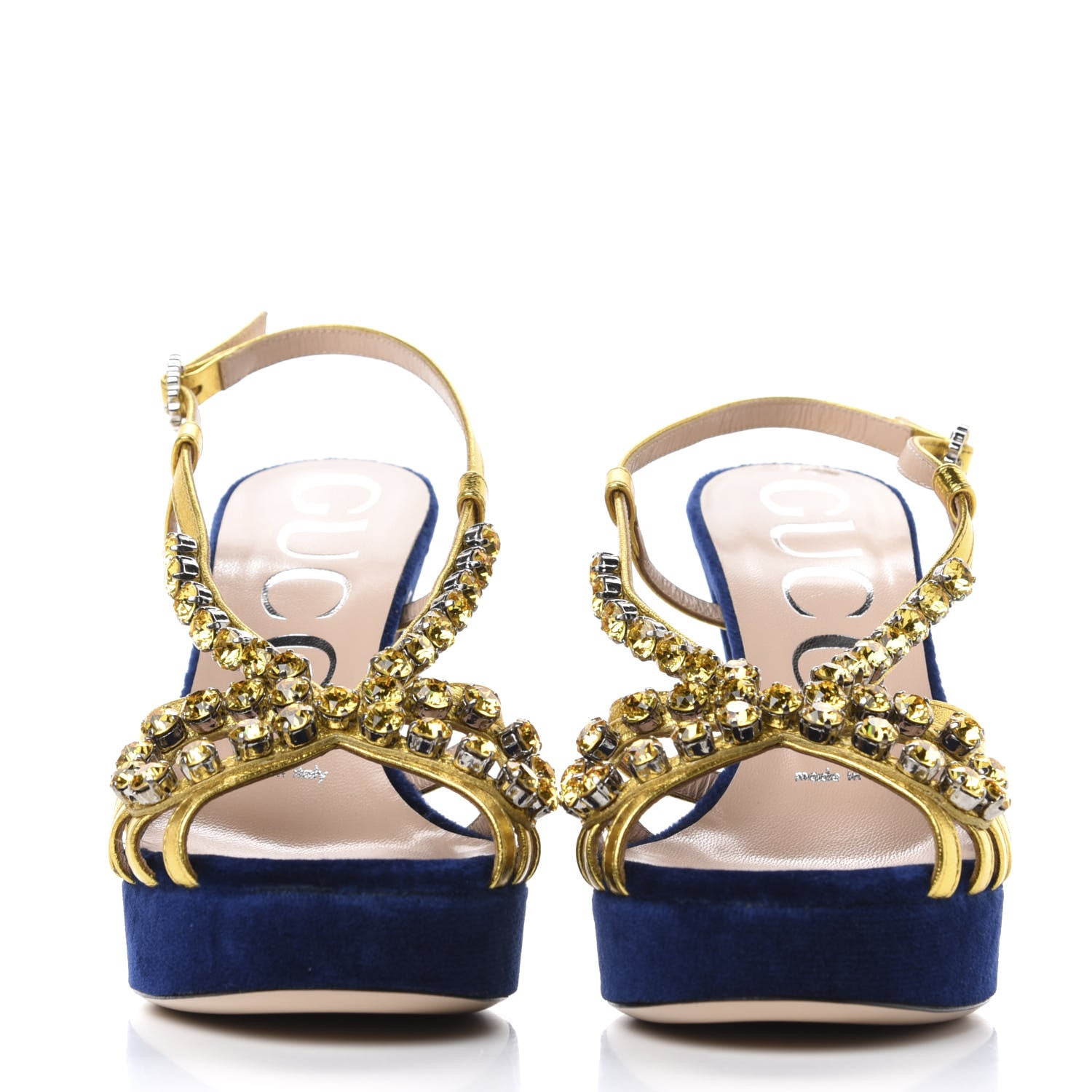 Gucci Velvet Nappa Crystal Zephyra Slingback Platform High Heel Sandals 35.5 Blue Gold 3 of 10