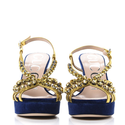 Gucci Velvet Nappa Crystal Zephyra Slingback Platform High Heel Sandals 35.5 Blue Gold 3 of 10