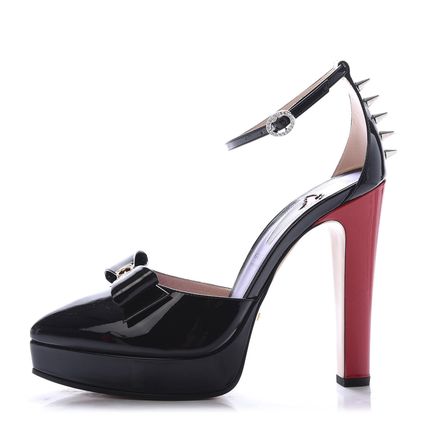 Patent Crystal GG Bow Sadie Spike Ankle Strap d'Orsay Platform High Heel Pumps 39 Black