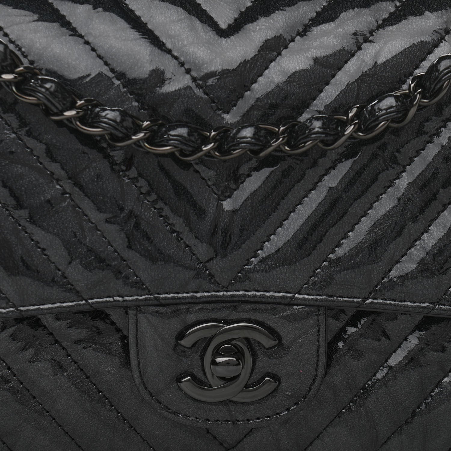 Chanel Metallic Patent Crumpled Calfskin Chevron Quilted Medium Double Flap So Black 8 of 11