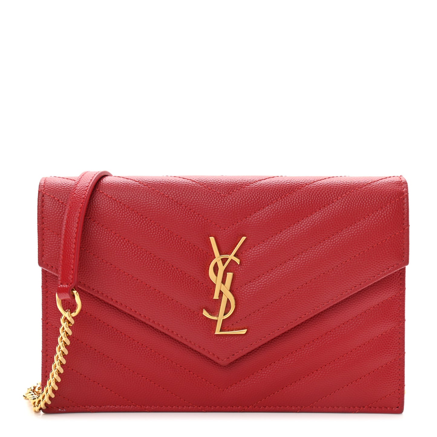Grain De Poudre Matelasse Chevron Monogram Envelope Chain Wallet Red