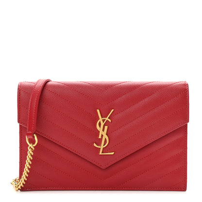 Saint Laurent Grain De Poudre Matelasse Chevron Monogram Envelope Chain Wallet Red 1 of 13