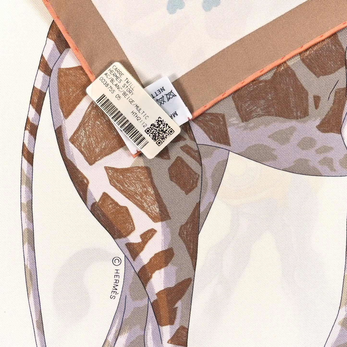 Silk Hermes Story Scarf 90 White Beige Multicolor
