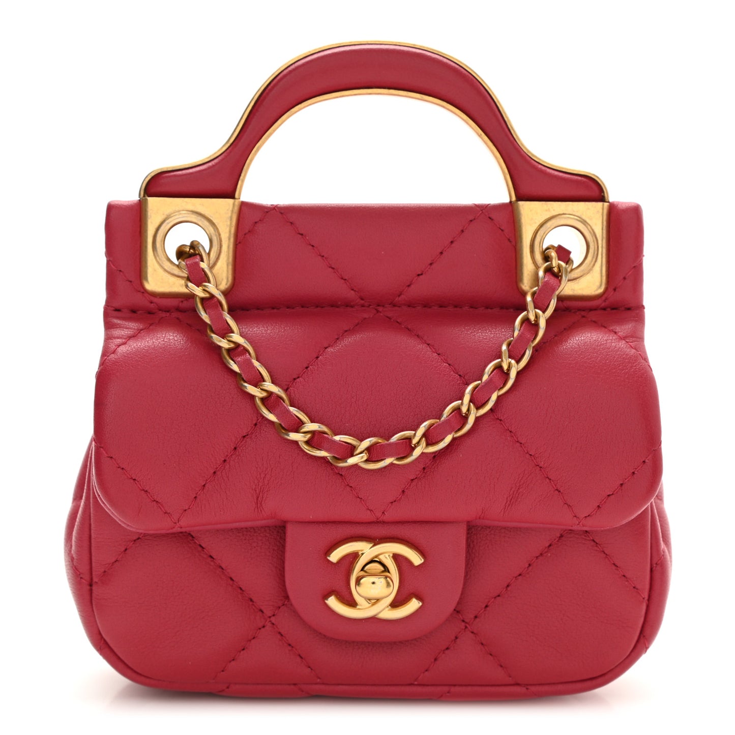 Calfskin Quilted Lady Handle Flap Card Holder With Chain Dark Pink