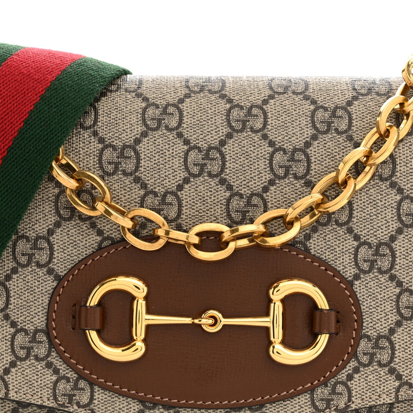 GG Supreme Monogram Azalea Calfskin Web Small Horsebit 1955 Crossbody Bag Beige Ebony Brown Sugar