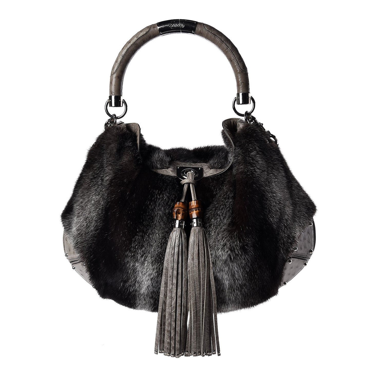 Mink Fur Ostrich Large Indy Hobo Grey