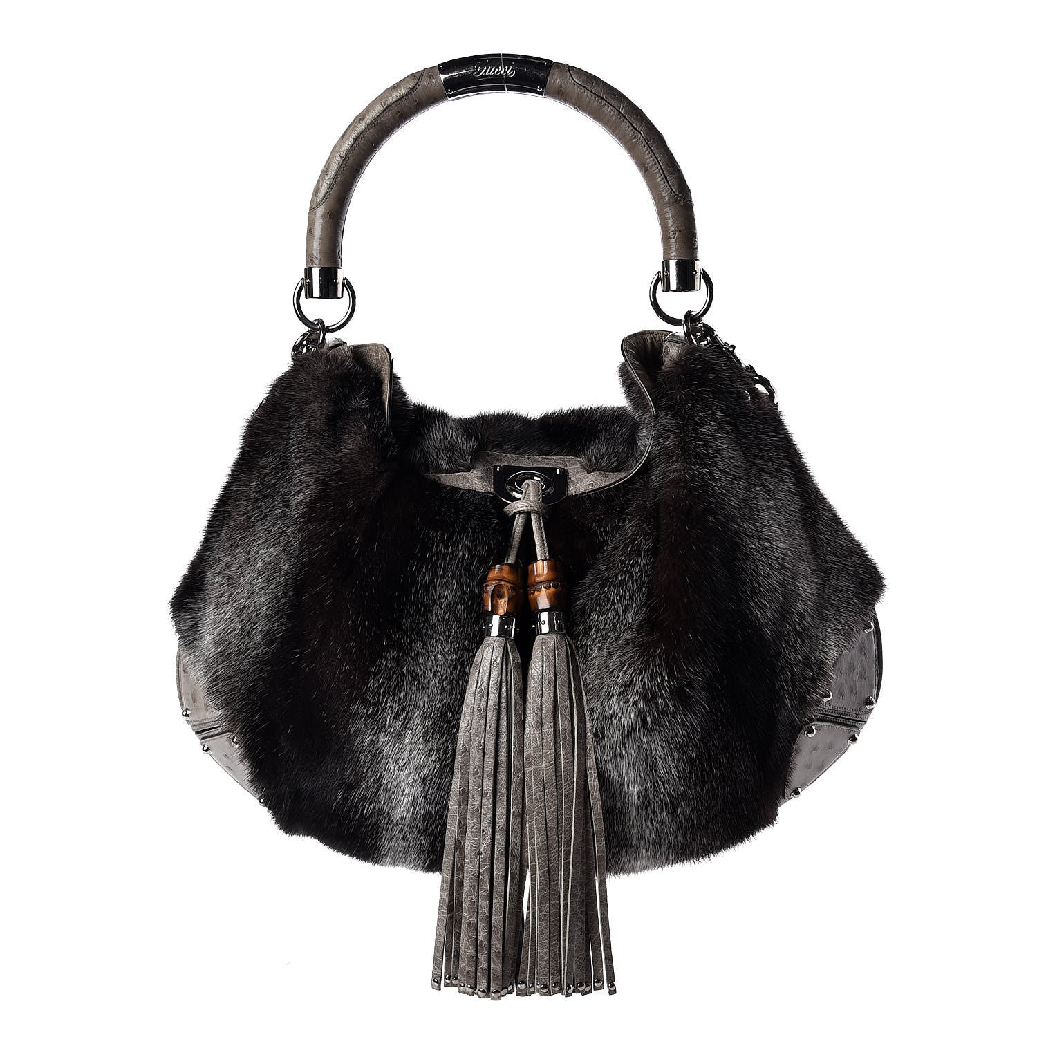 Gucci Mink Fur Ostrich Large Indy Hobo Grey 1 of 10