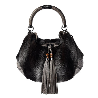 Gucci Mink Fur Ostrich Large Indy Hobo Grey 1 of 10