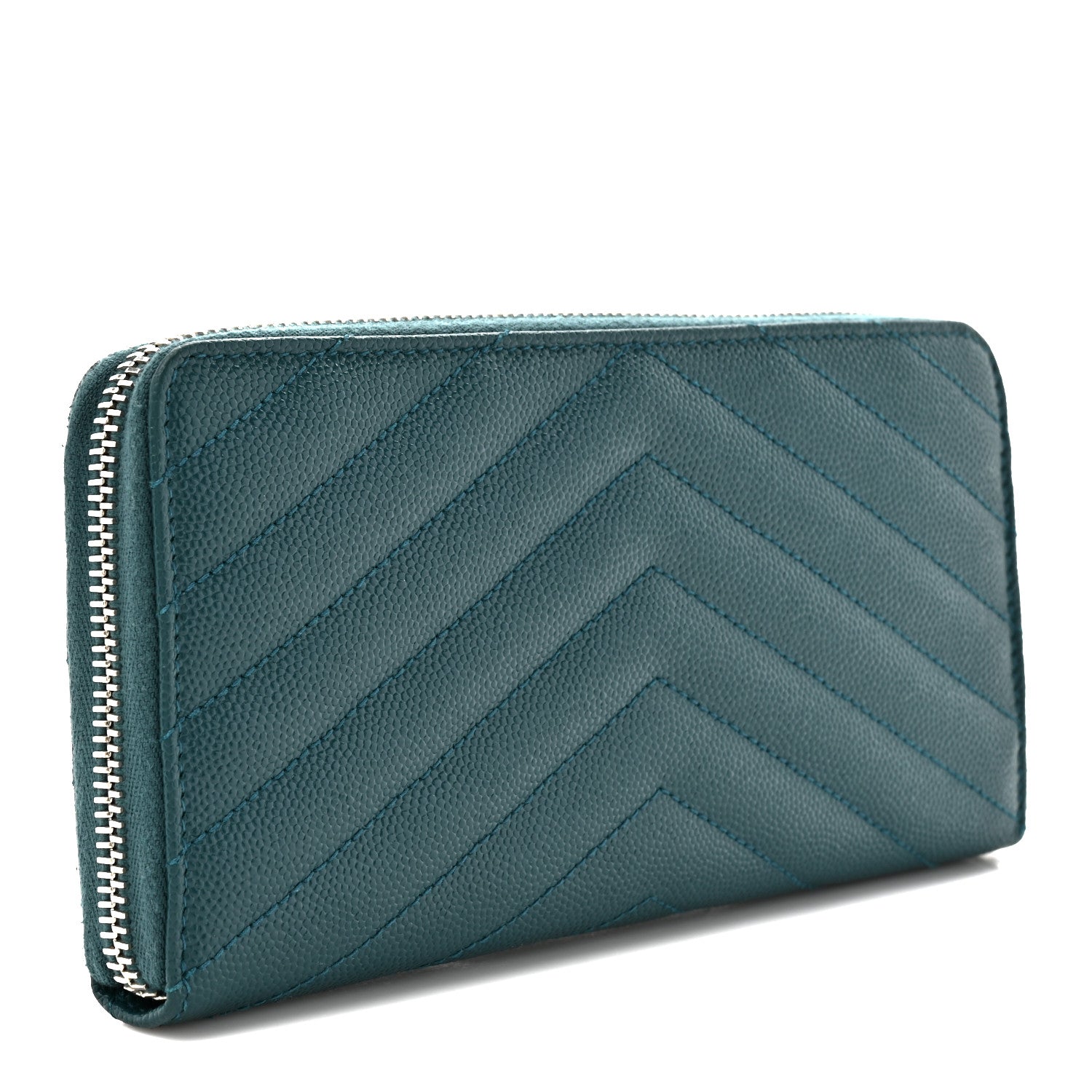 Saint Laurent Grain De Poudre Matelasse Chevron Monogram Zip Around Wallet Sea Turquoise 3 of 9
