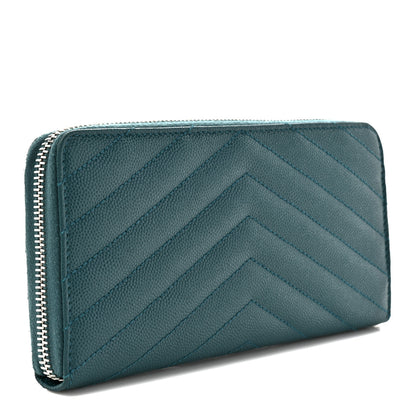 Saint Laurent Grain De Poudre Matelasse Chevron Monogram Zip Around Wallet Sea Turquoise 3 of 9