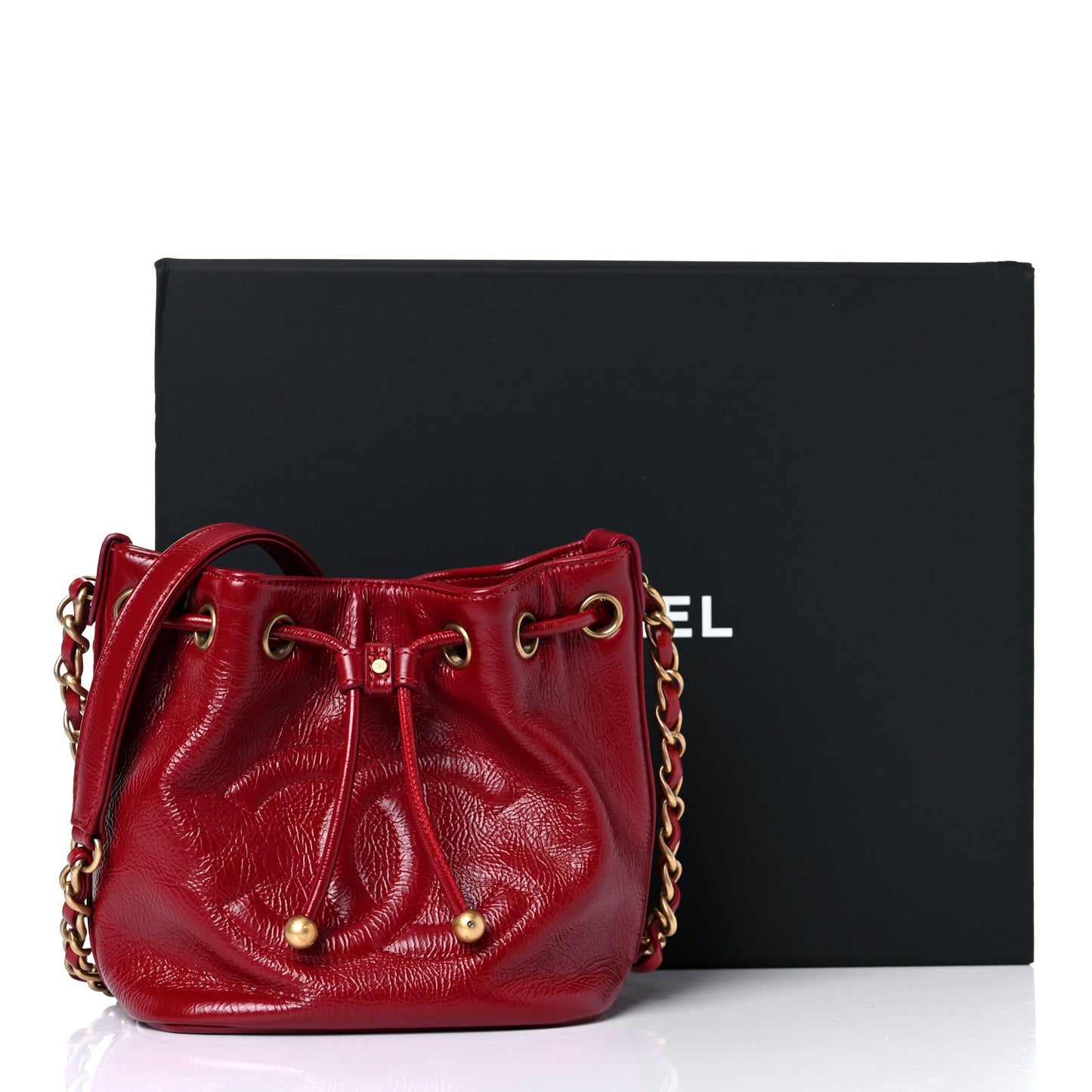 Shiny Aged Calfskin CC Chain Mini Drawstring Bag Red
