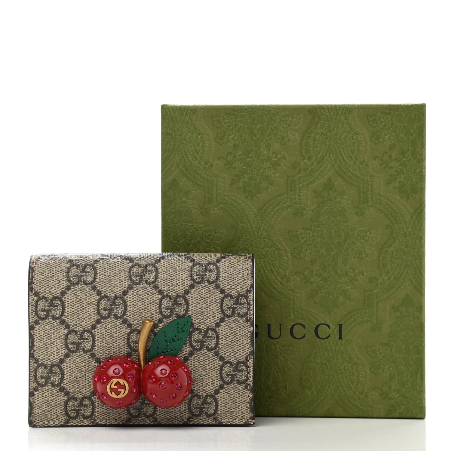 Gucci GG Supreme Monogram Cherry Embellished Card Case Wallet Hibiscus Red 8 of 8