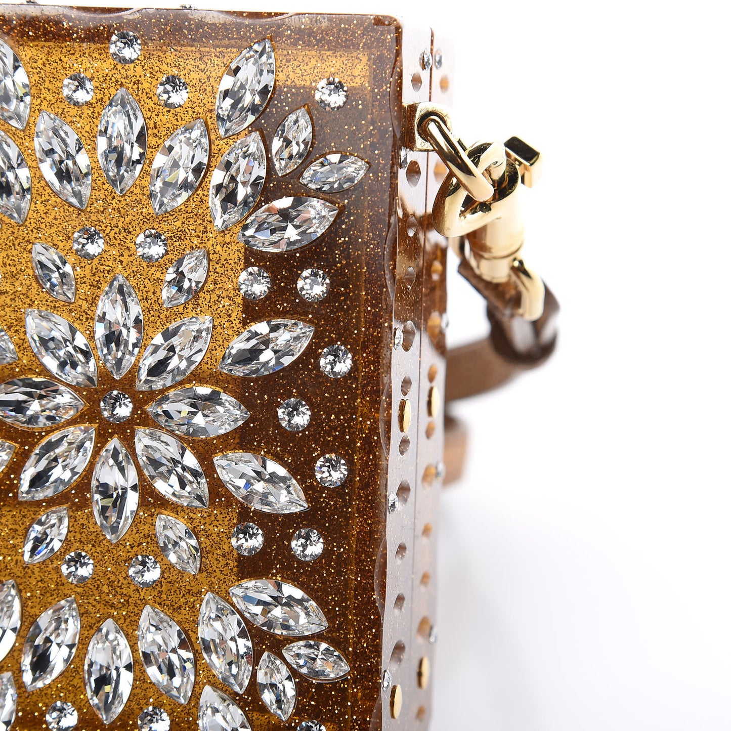 Crystal Embellished Plexiglass Dolce Box Clutch Gold