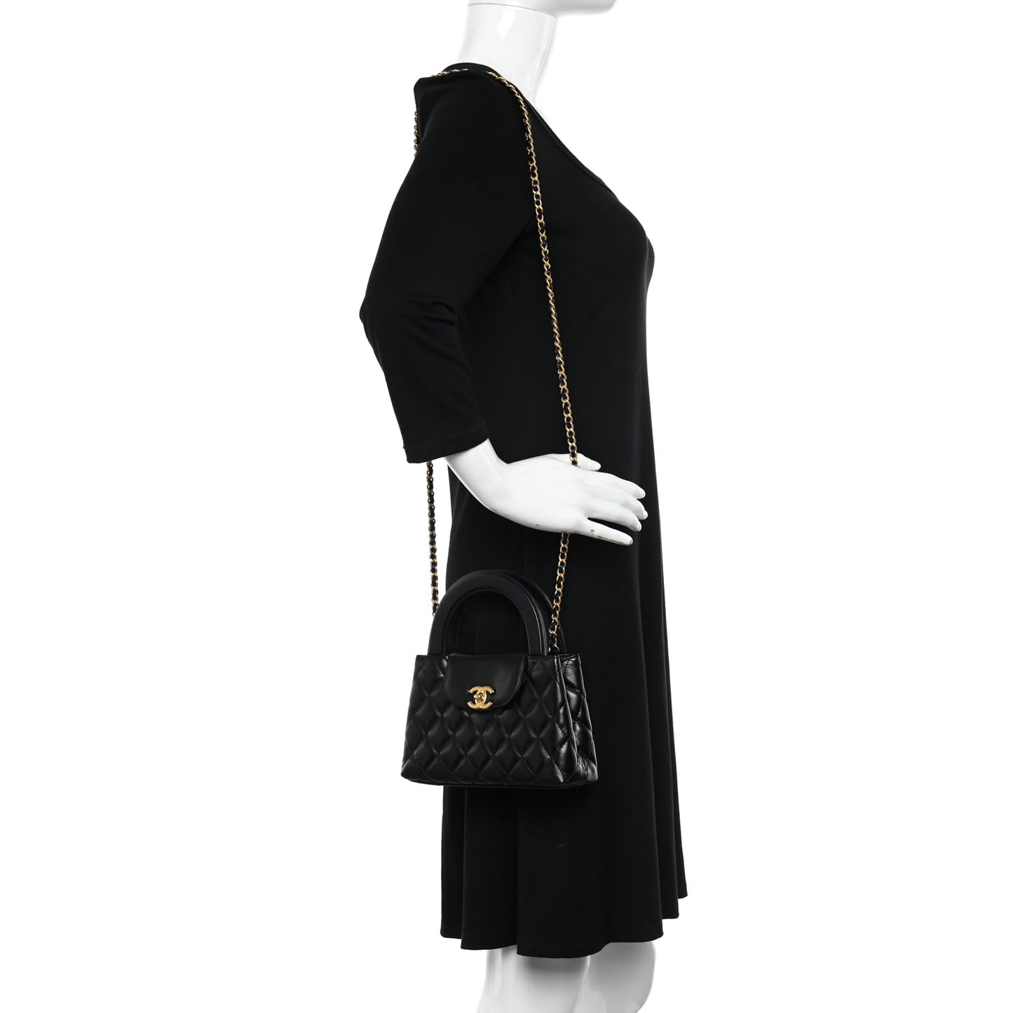 Shiny Aged Calfskin Quilted Nano Kelly Shopper Black