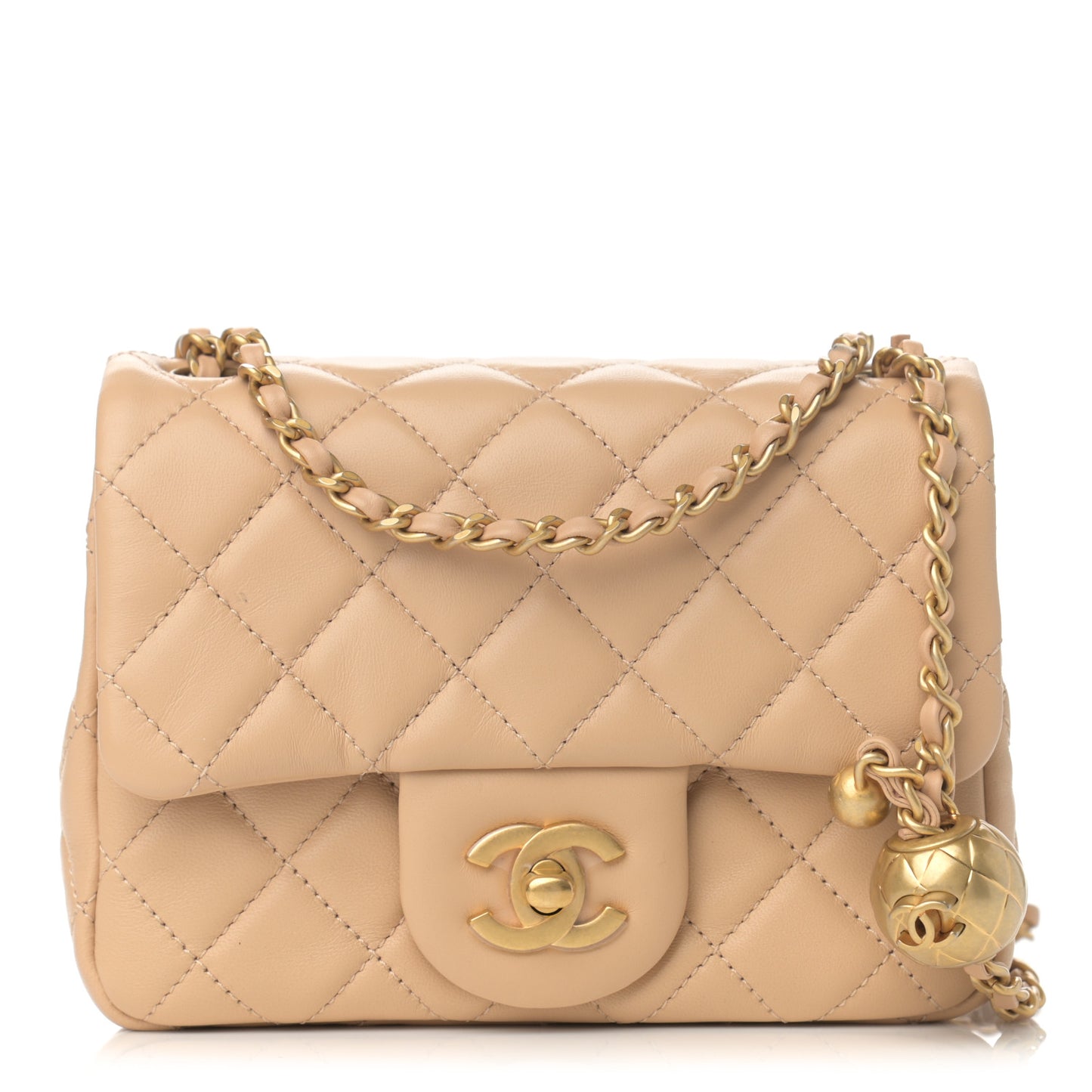Lambskin Quilted Mini Pearl Crush Flap Beige