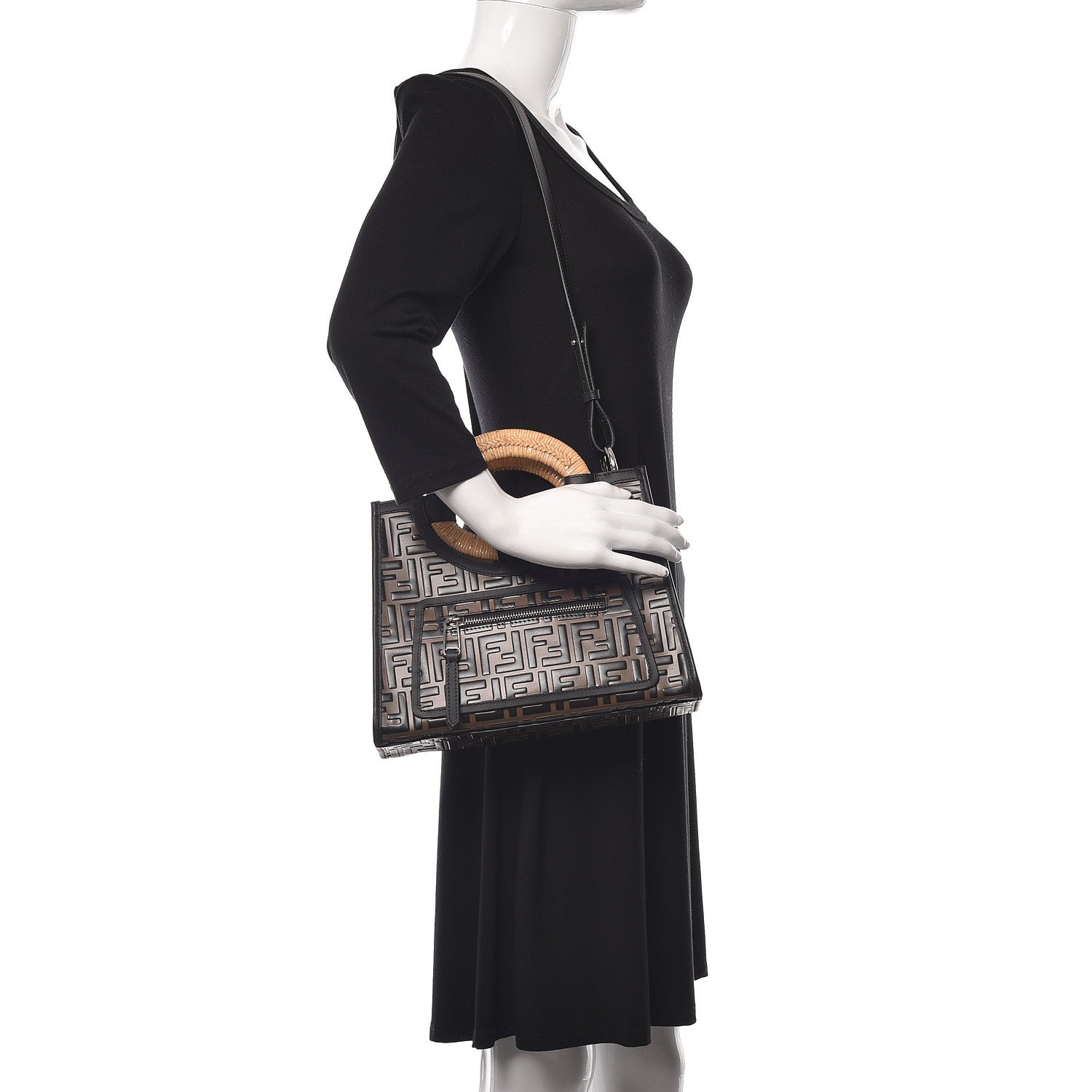 Fendi Vitello Century Wicker Bi-Color FF 1974 Embossed Small Runaway Shopper Tote Maya Black 2 of 10