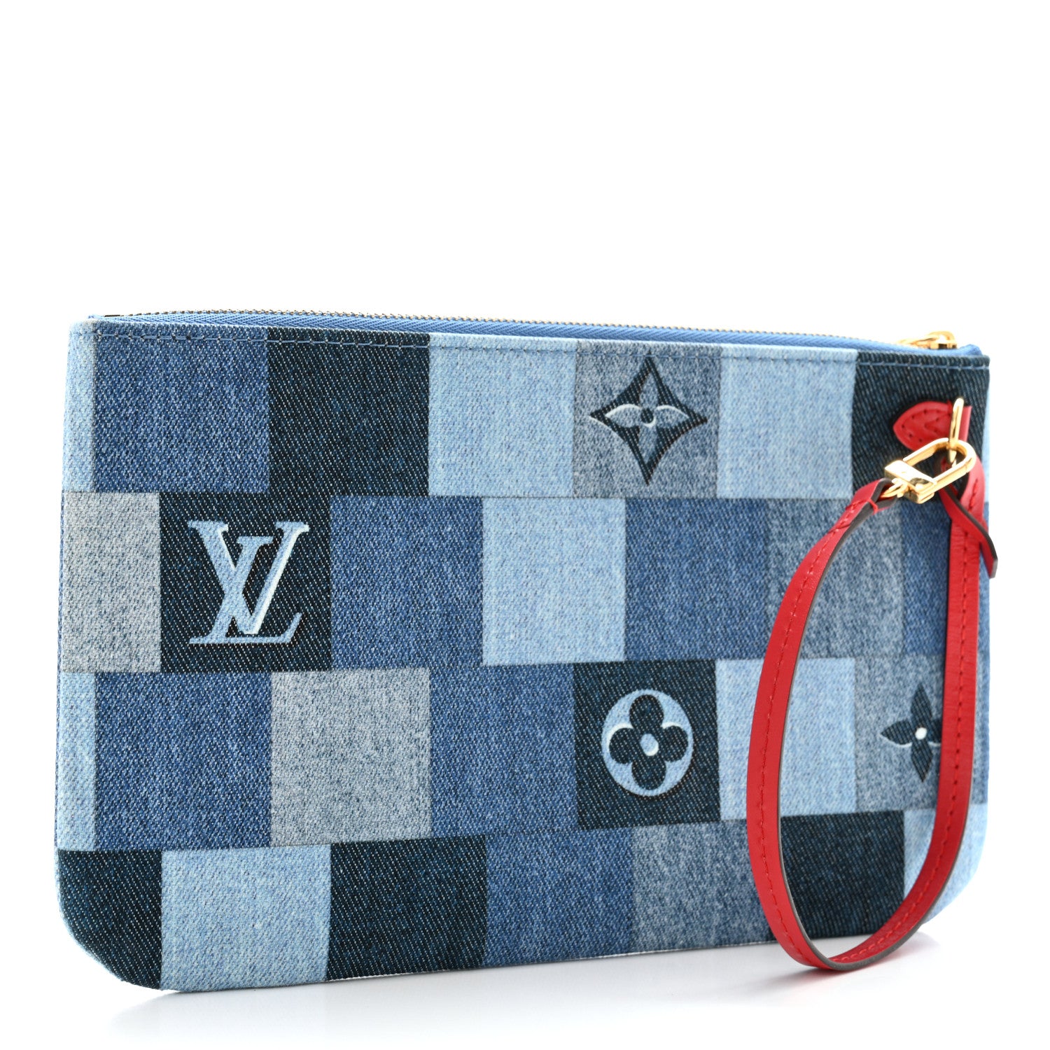 Louis Vuitton Denim Damier Monogram Patchwork Neverfull MM Pochette Blue Rouge 3 of 6