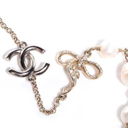 Chanel Crystal Pearl CC Bow Long Necklace Light Gold 3 of 6