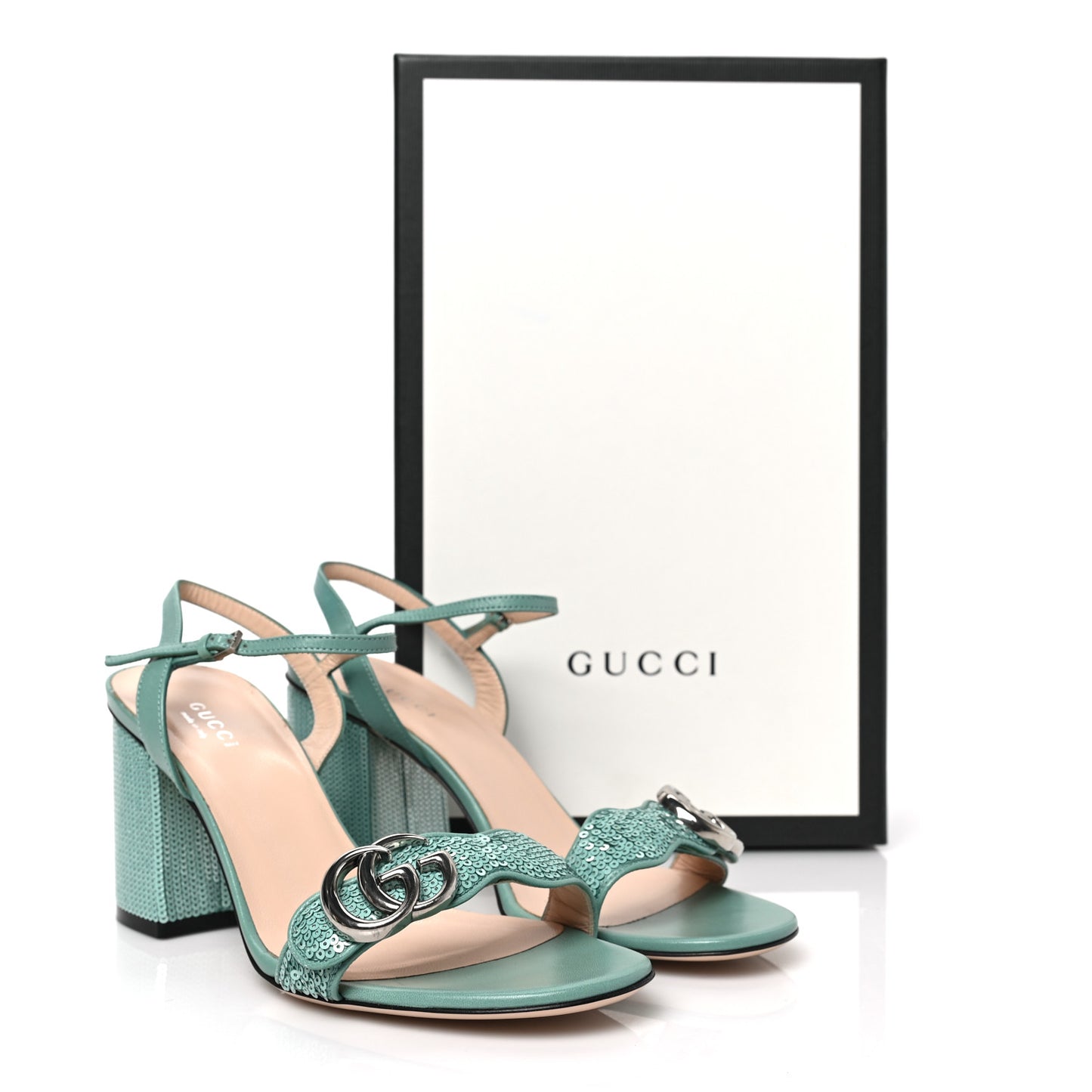 Sequin Satin Malaga Kid GG Marmont Ankle Wrap 75mm Sandals 38 Water Green Verde Chiaro Light Water Green