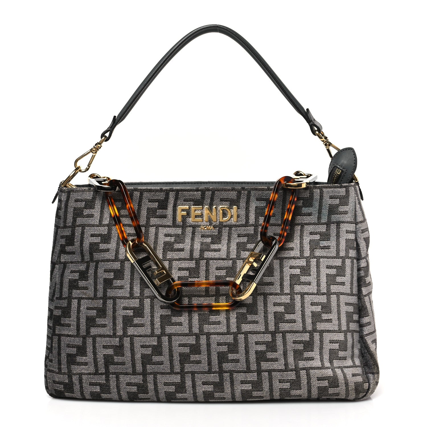 Fendi Chenille Vitello Seta Plexiglass FF Fendi O'Lock Zipper Anthracite Asfalto 1 of 9
