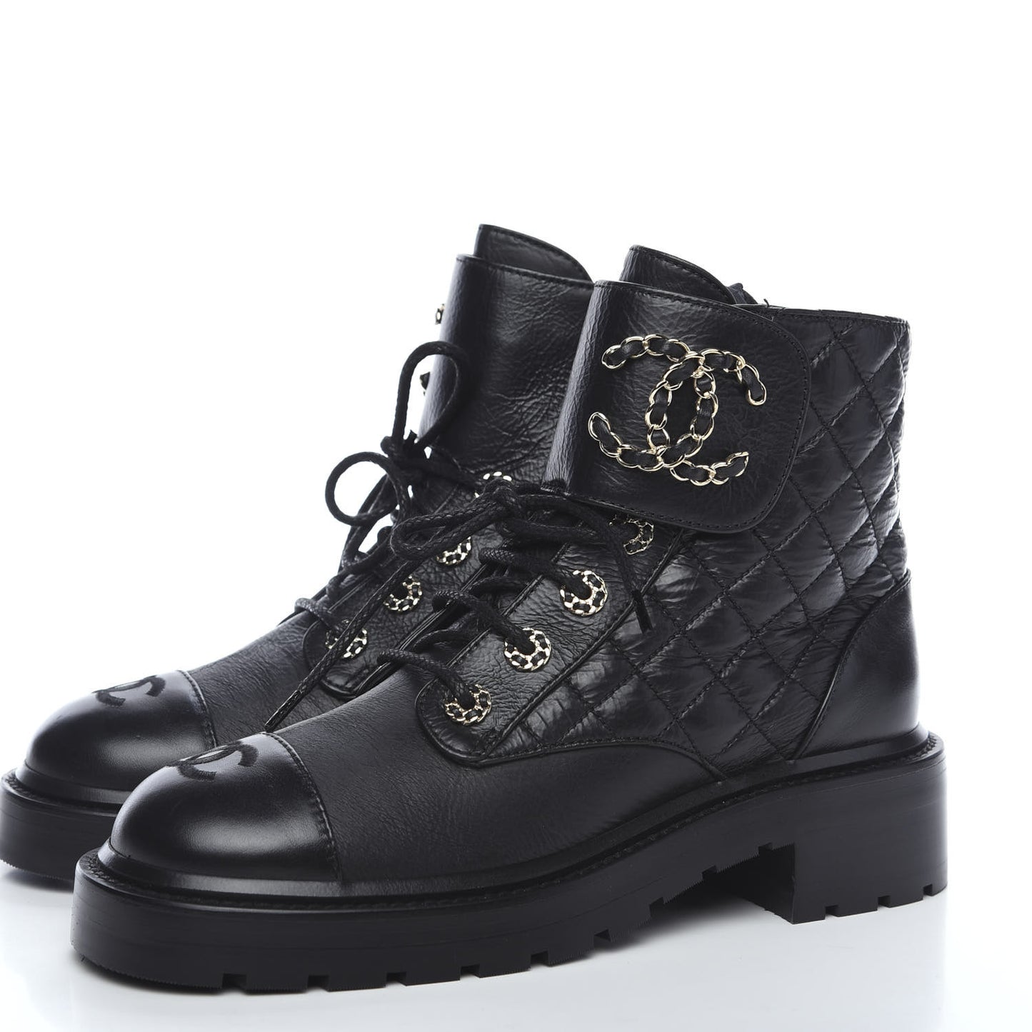 Shiny Goatskin Calfskin Quilted Lace Up Combat Boots 37.5 Black