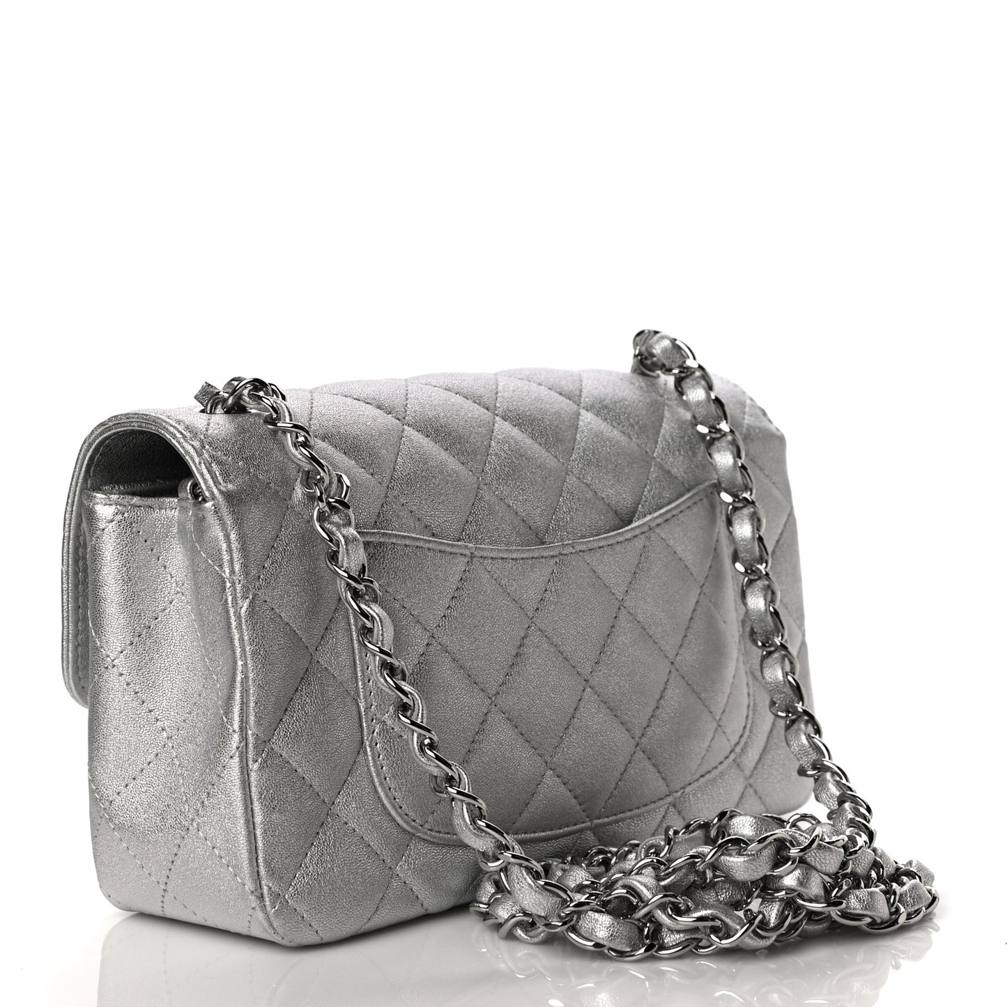Metallic Lambskin Quilted Mini Rectangular Flap Silver