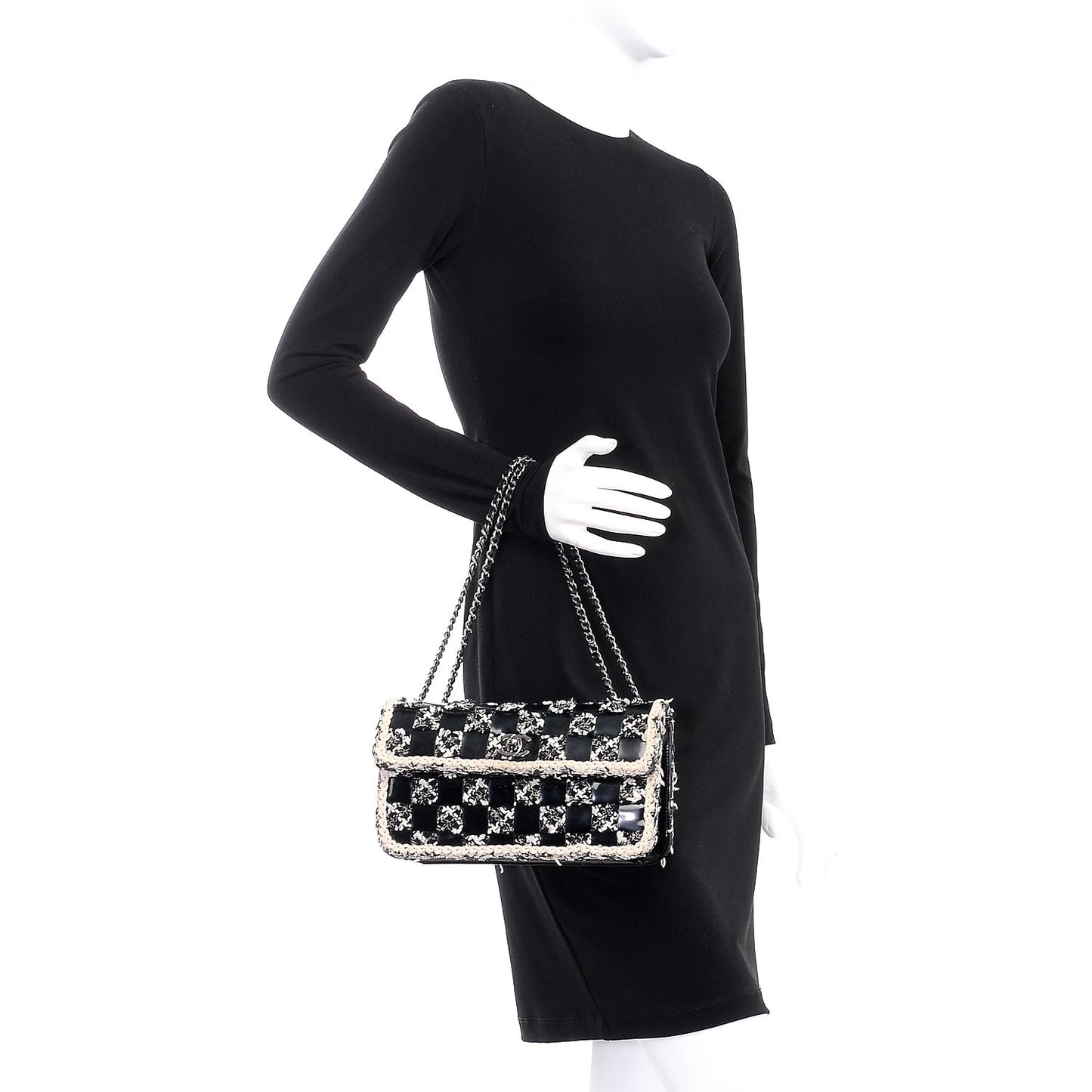 Tweed Vinyl Woven Medium Single Flap Black White