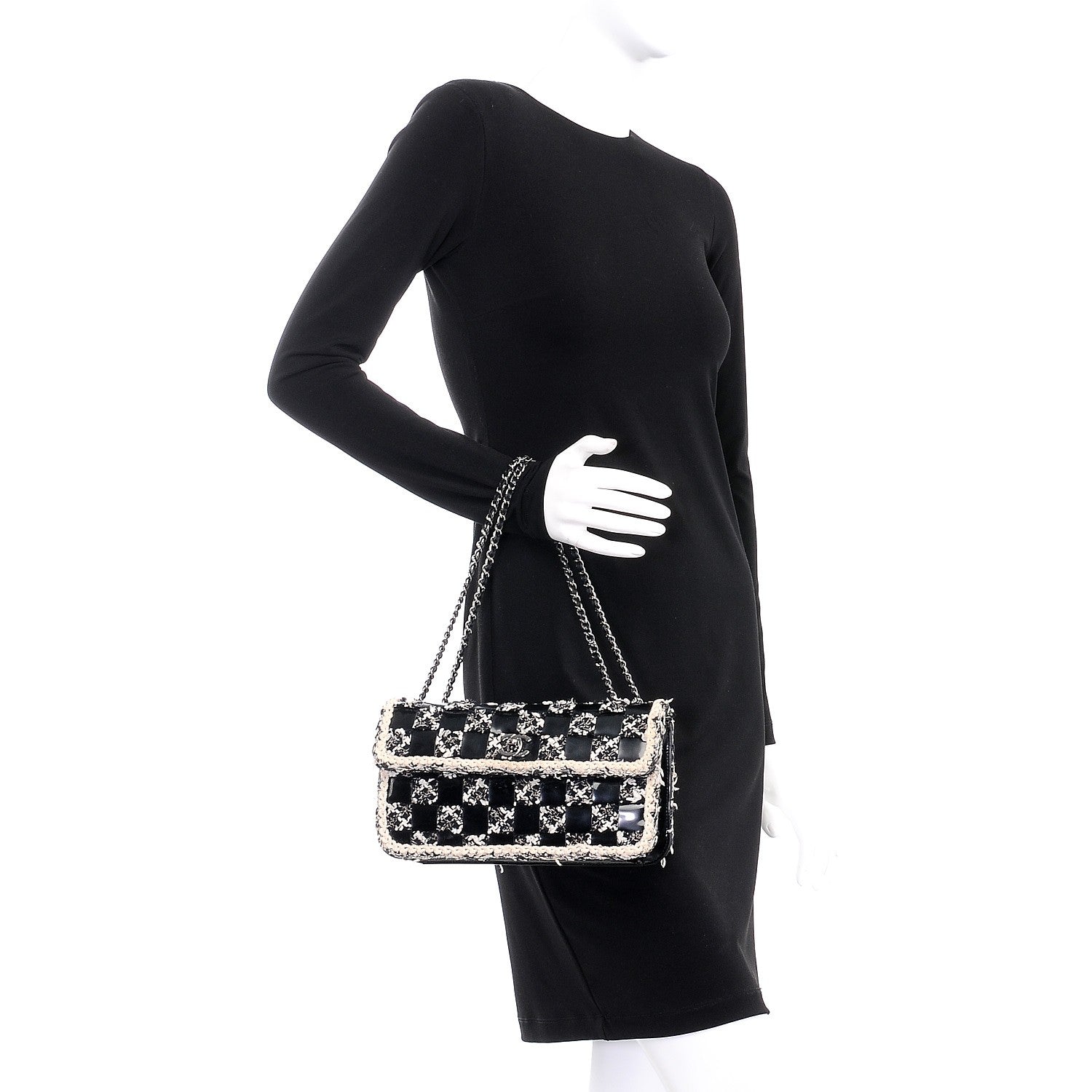 Chanel Tweed Vinyl Woven Medium Single Flap Black White 3 of 9