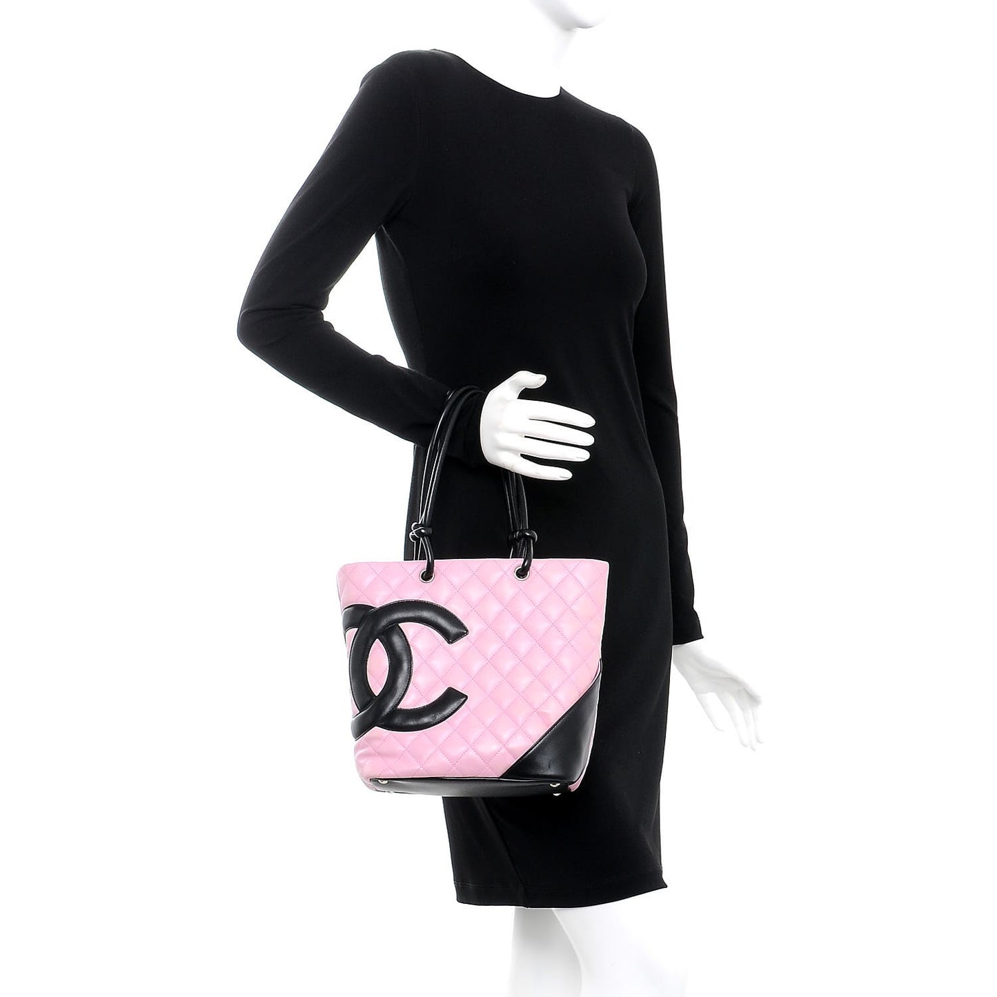 Calfskin Quilted Medium Cambon Tote Pink Black