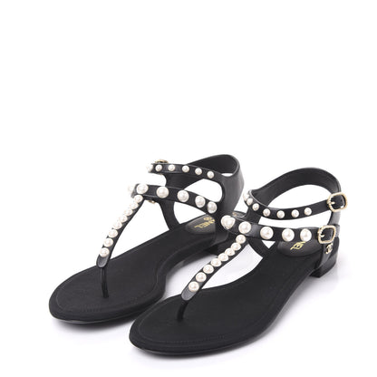 Chanel Lambskin Pearl Thong Sandals 37 Black 2 of 8