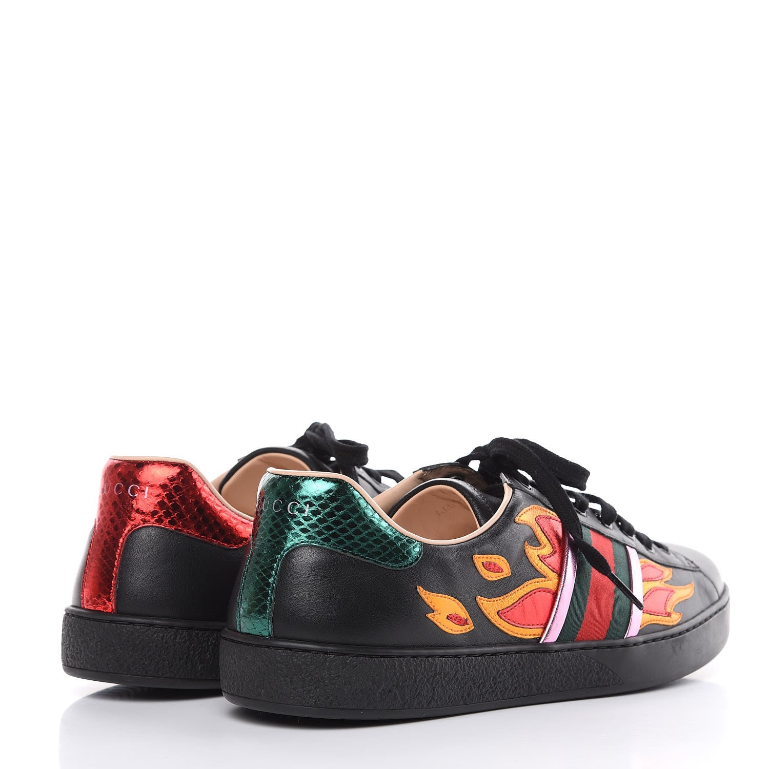 Gucci Calfskin Ayers Web Flames Embroidered Mens Ace Sneakers 10 Black 4 of 9