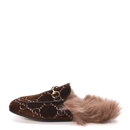 Gucci Velvet GG Monogram Fur Womens Princetown Slippers 35.5 Brown Black Natural 1 of 11