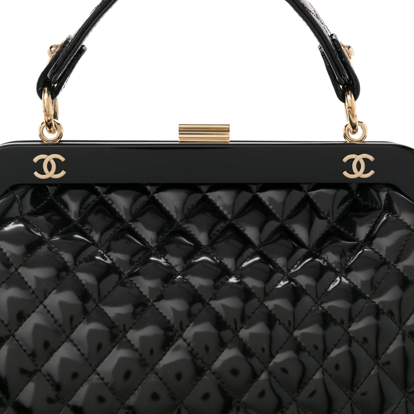 Glazed Calfskin Quilted Small Mademoiselle Frame Bag Black