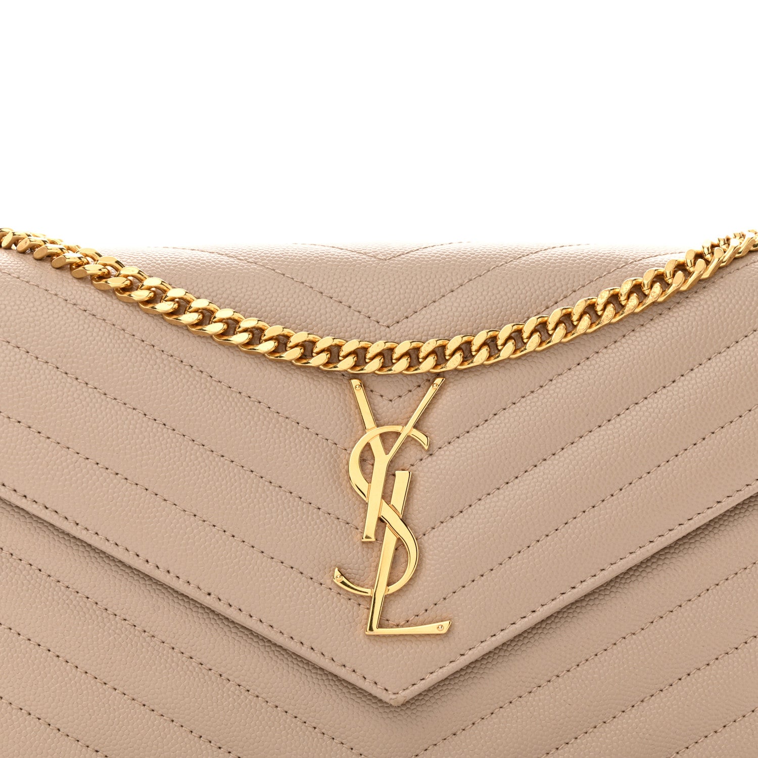 Saint Laurent Grain De Poudre Matelasse Chevron Monogram Chain Wallet Dark Beige 7 of 10