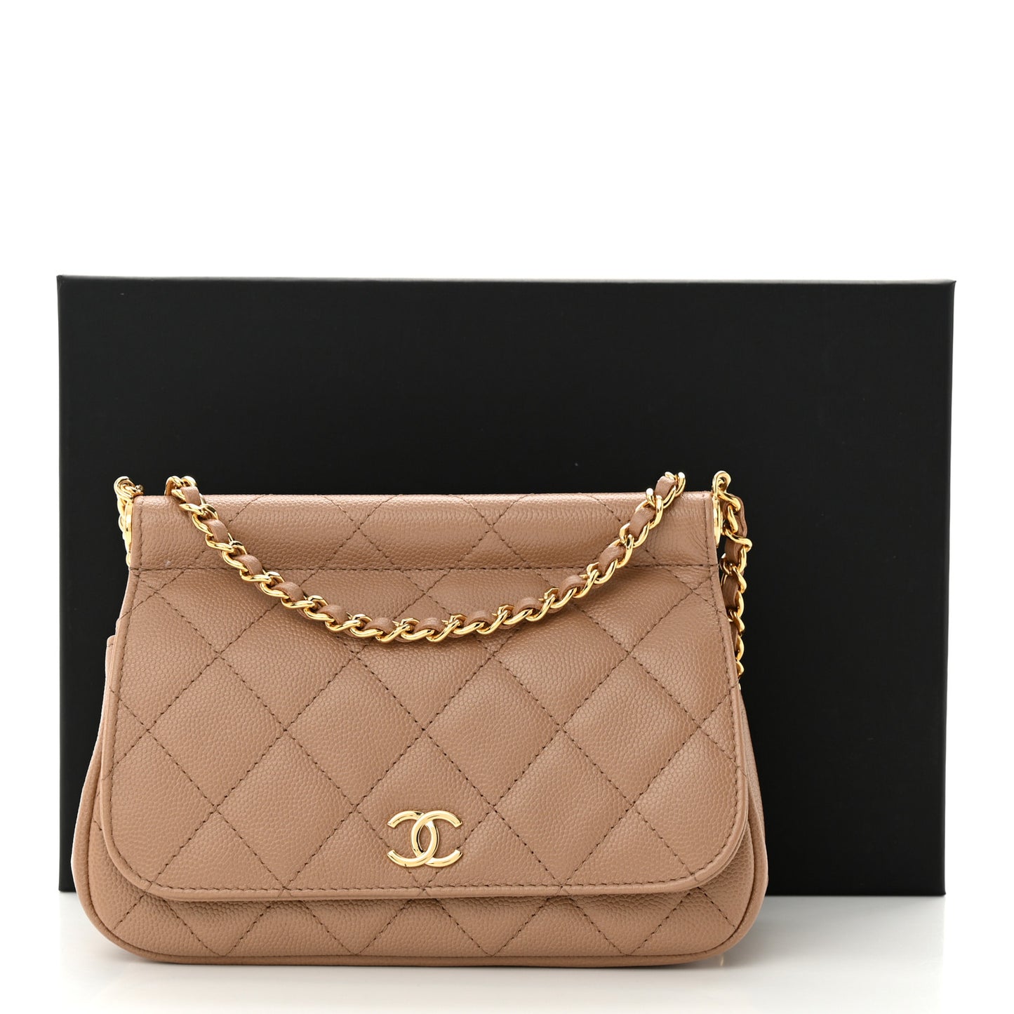 Caviar Quilted Flap Clutch With Chain Beige
