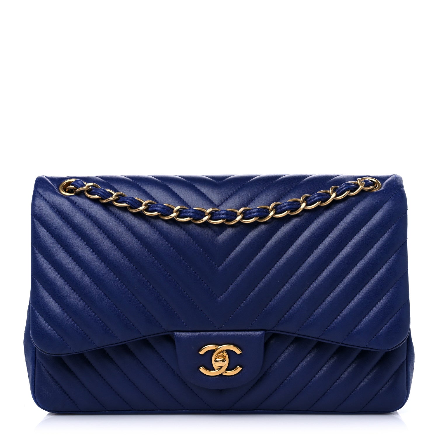 Chanel Lambskin Chevron Quilted Jumbo Double Flap Navy Blue 1 of 15