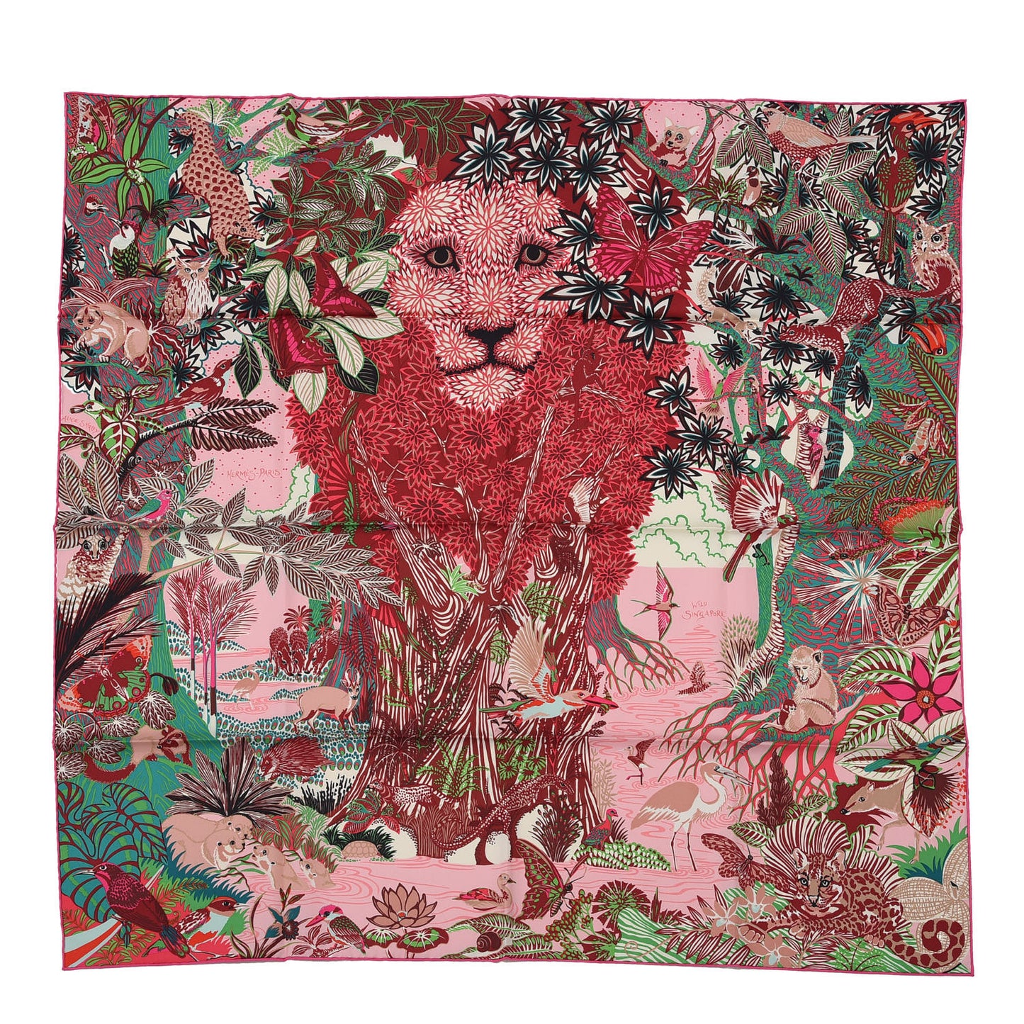 Silk Wild Singapore Scarf 90 Rose Vert Bordeaux