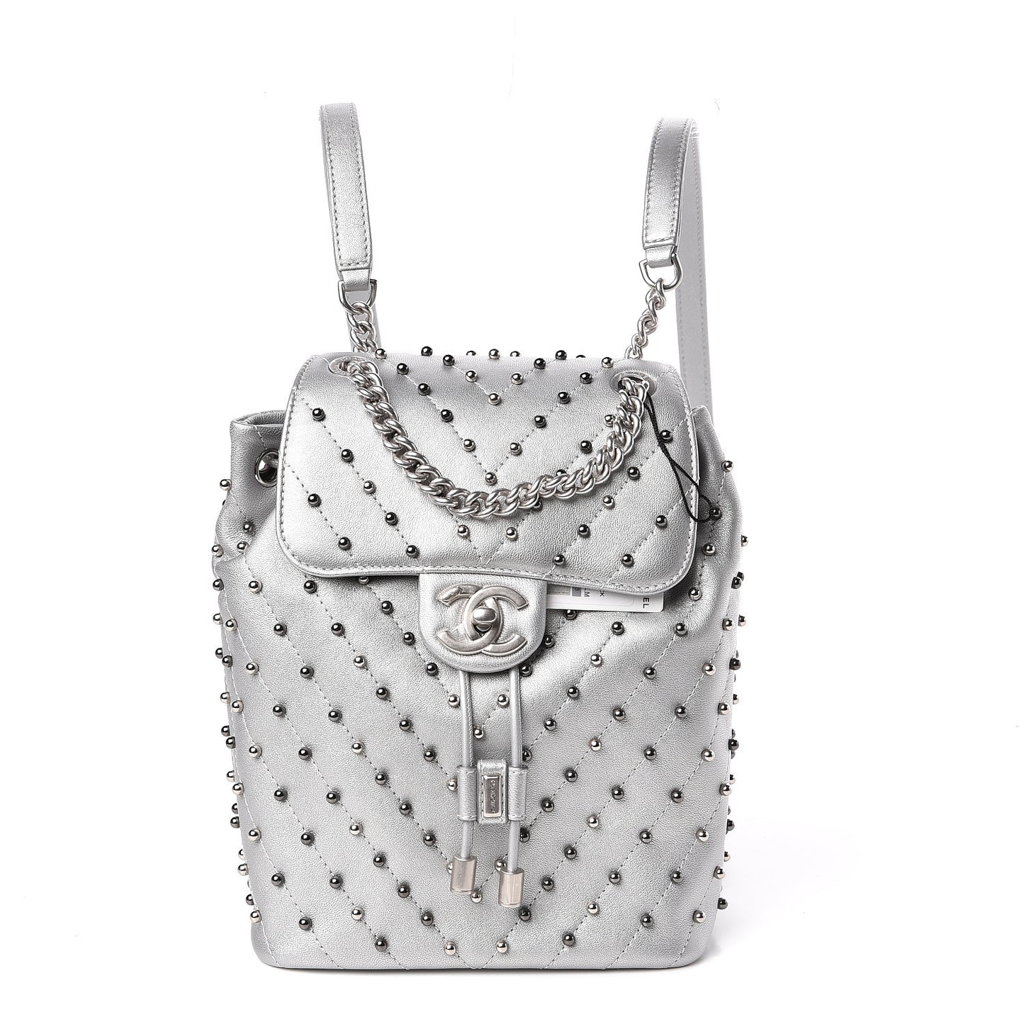 Metallic Lambskin Chevron Quilted Studded Stud Wars Backpack Silver