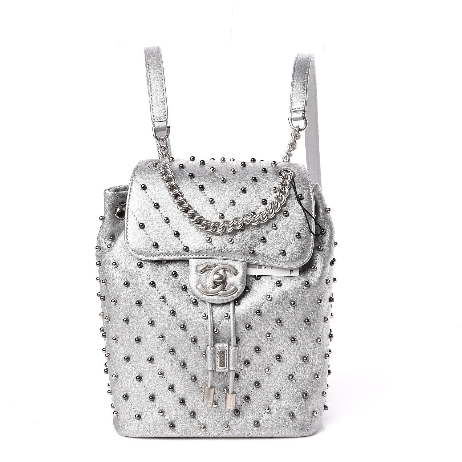 Chanel Metallic Lambskin Chevron Quilted Studded Stud Wars Backpack Silver 1 of 10