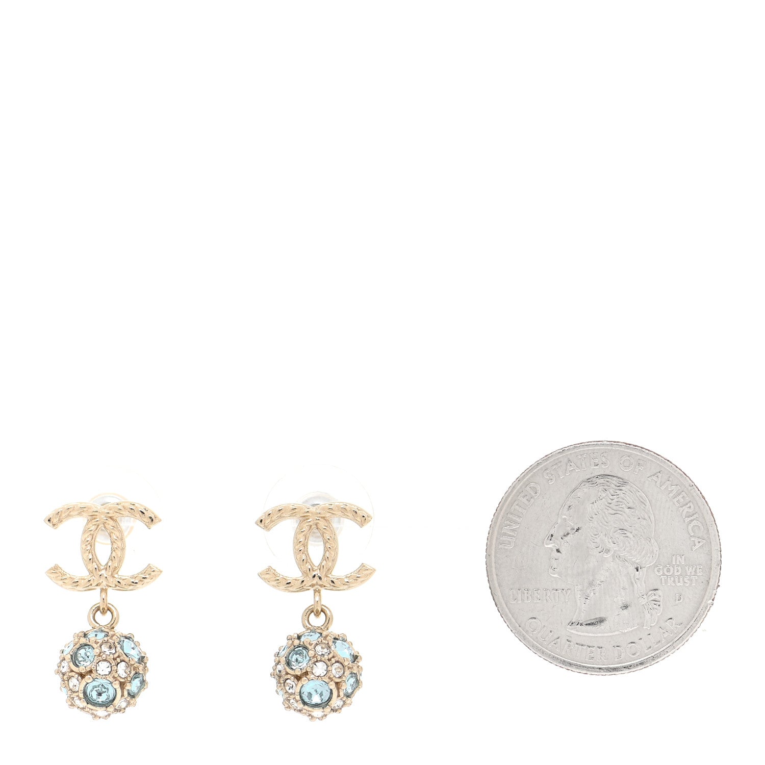 Chanel Crystal CC Drop Earrings Gold Blue 2 of 5