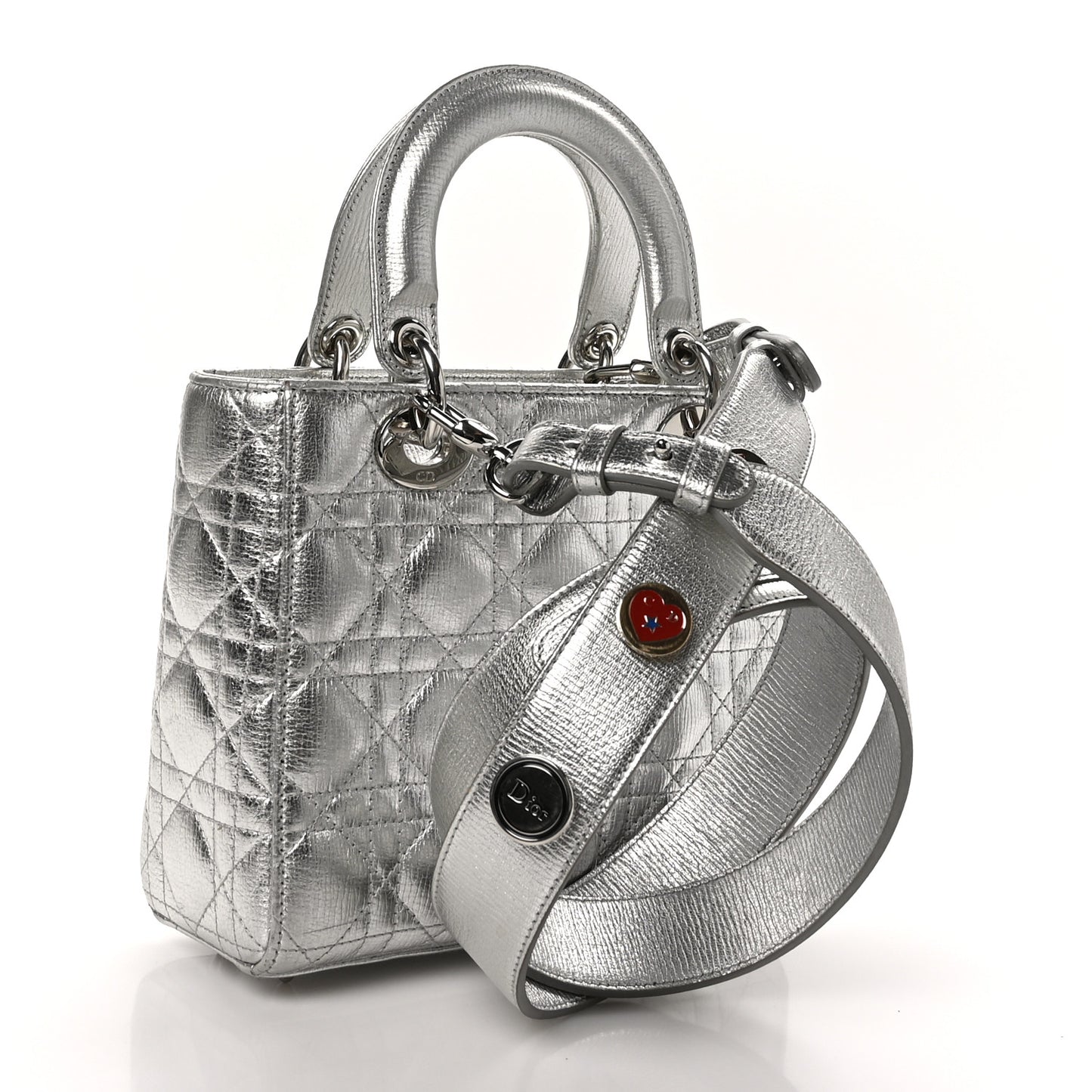 Metallic Grained Calfskin Cannage Small Lucky Badges My Lady Dior Silver