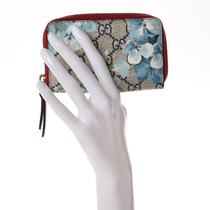Gucci GG Supreme Monogram Blooms Zip Around Card Case Wallet Beige Blue Navy Hibiscus Red 2 of 9