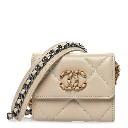 Chanel Lambskin Quilted Chanel 19 Flap Coin Purse With Chain Beige 1 of 12