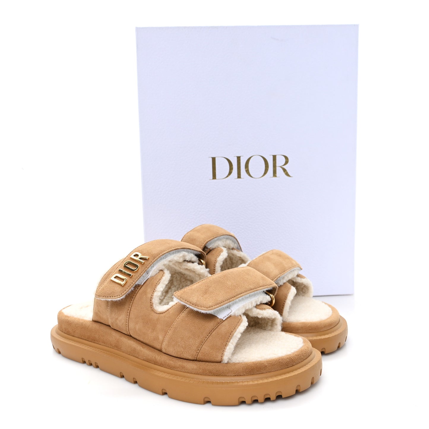 Suede Goatskin Shearling Dioract 10mm Slide Sandals 38.5 Chestnut