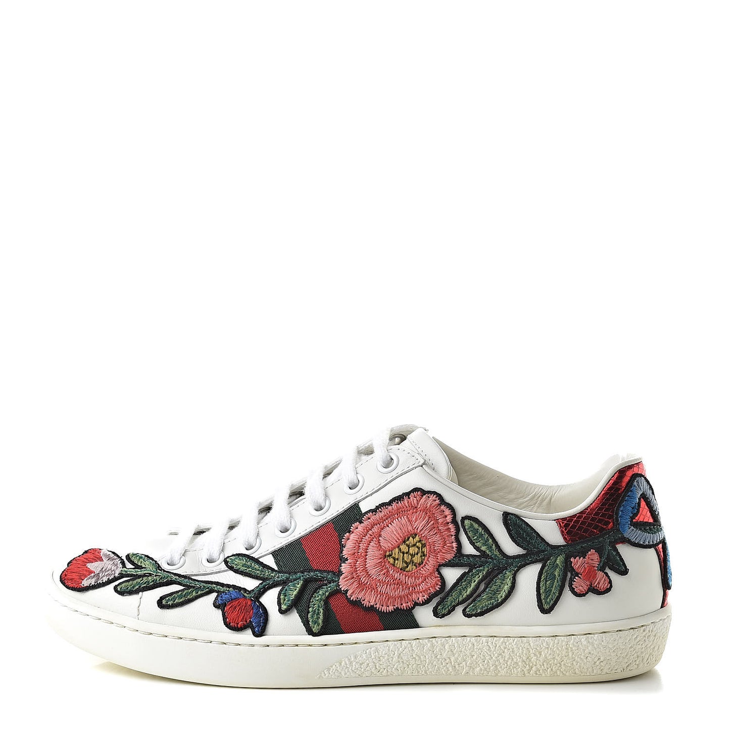 Calfskin Web Floral Embroidered Womens Ace Sneakers 35.5 White