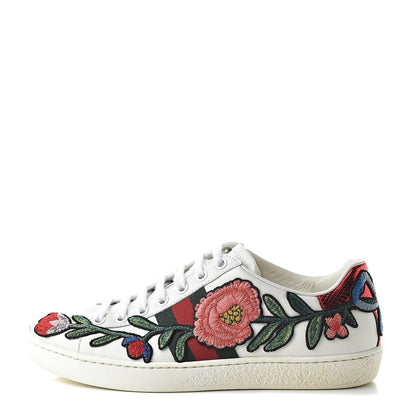 Gucci Calfskin Web Floral Embroidered Womens Ace Sneakers 35.5 White 1 of 11