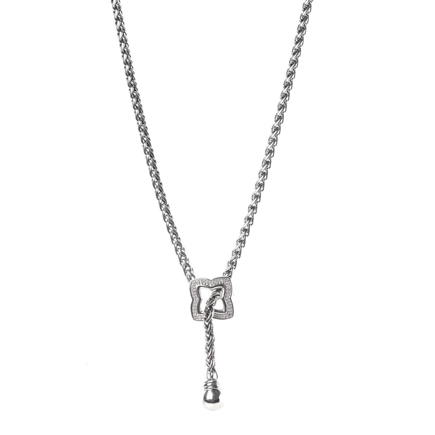 Sterling Silver Diamond Quatrefoil Lariat Wheat Chain Necklace