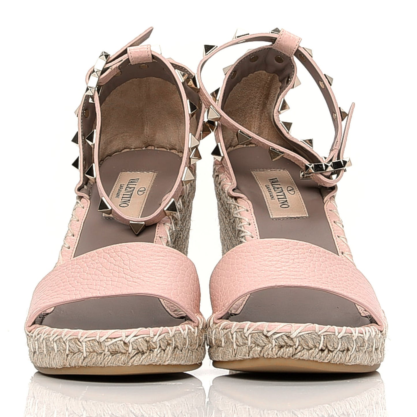 Grained Calfskin Rockstud Ankle Strap Espadrille 15/105mm Wedge Sandals 35 Rose Quartz Natural