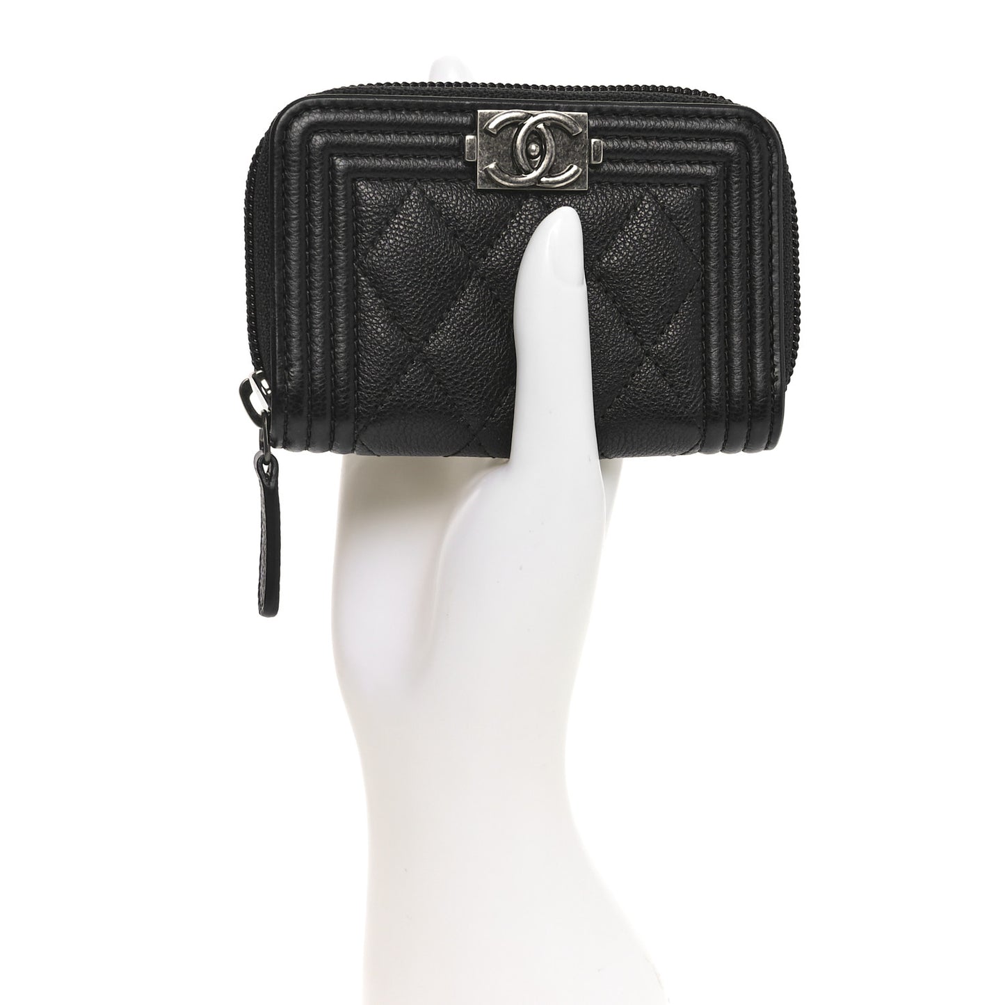Grained Calfskin Quilted Boy Zip Around Coin Purse Wallet Black